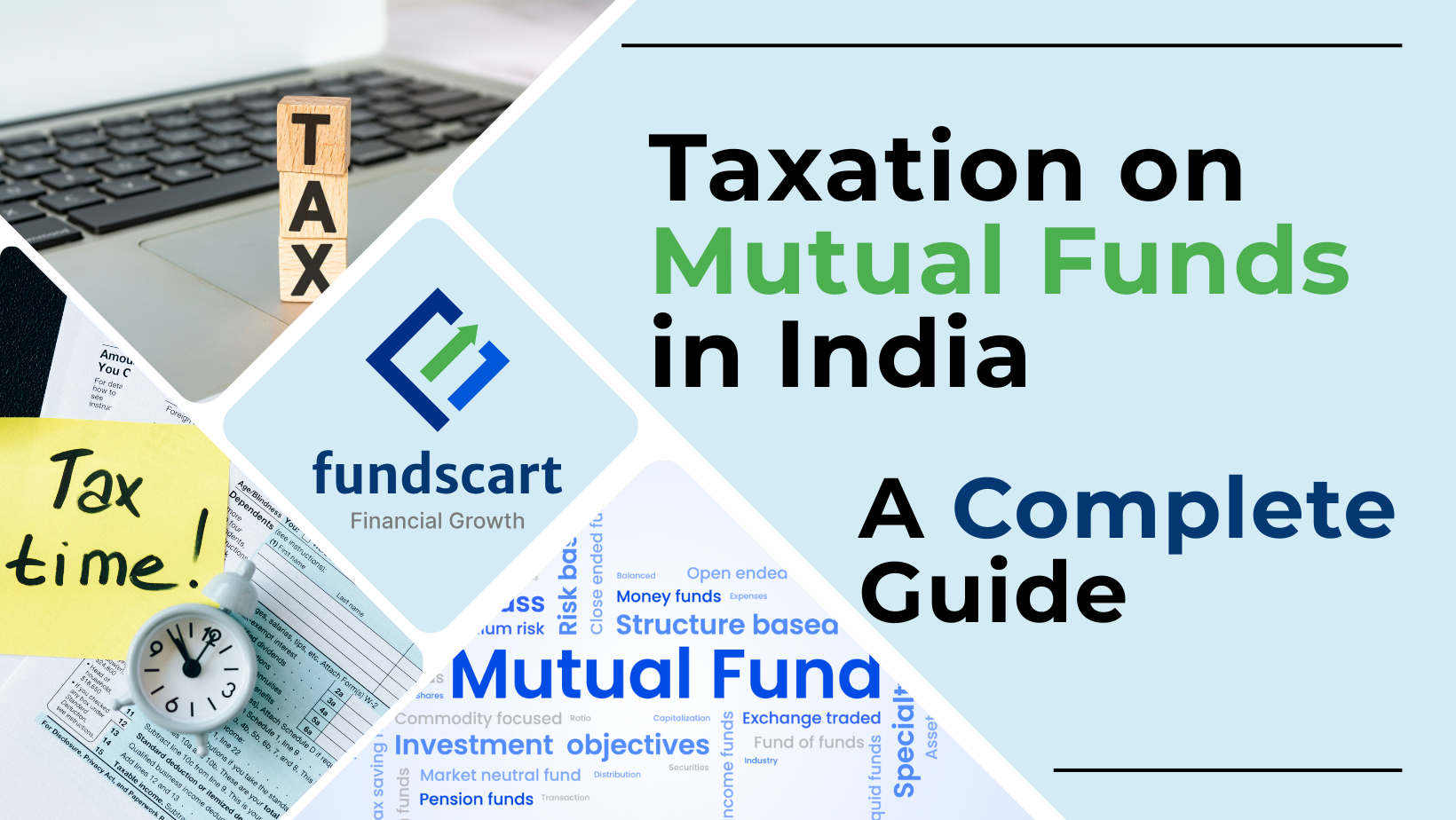 Taxation of mutual funds in India – graphic with calculator, rupee coins, and portfolio charts.